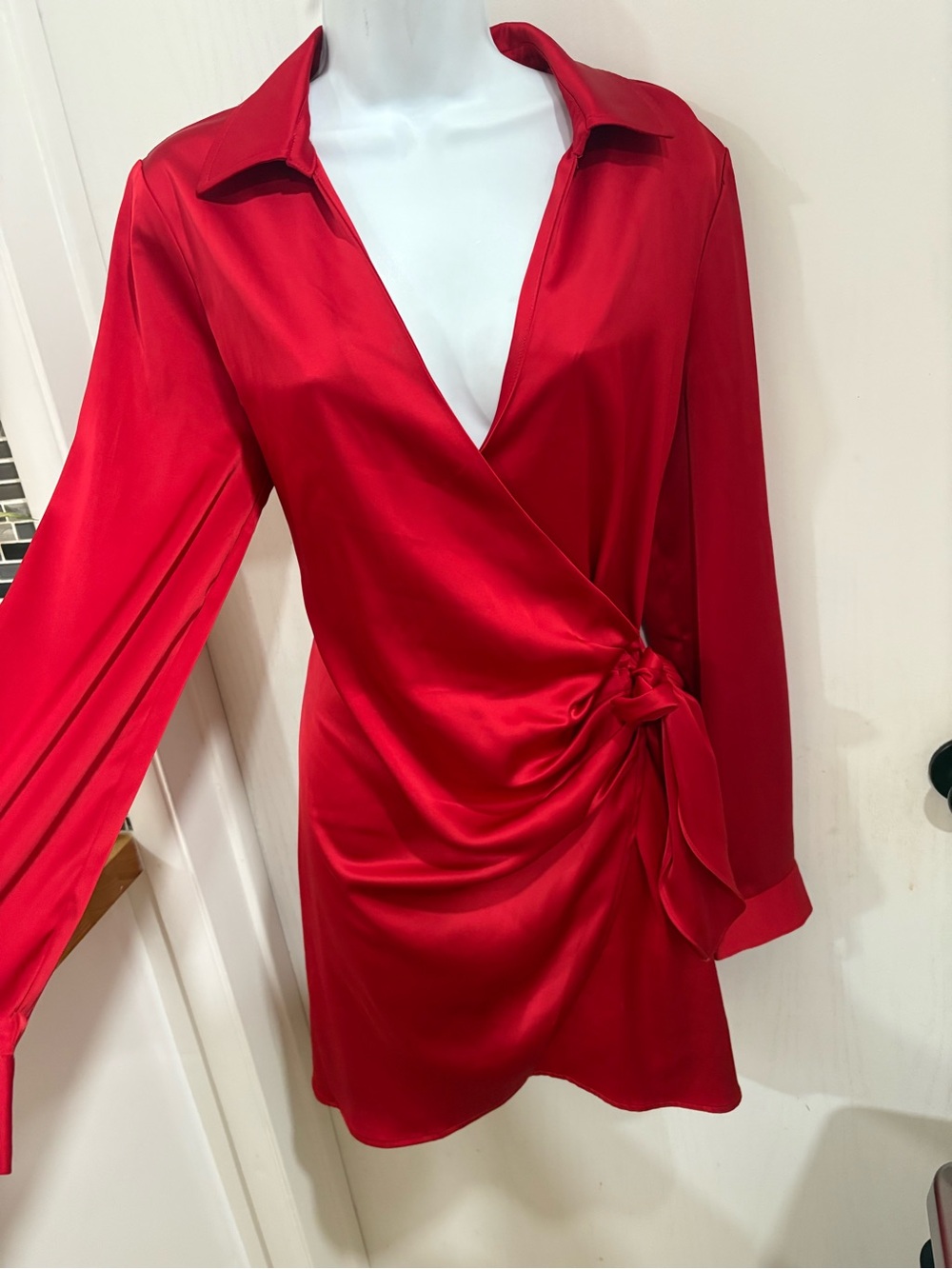 Red Satin evening Wrap Tie-Front Women's dress - Picture 5 of 8